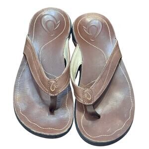 OluKai Kumu Brown Leather Sandals Flip Flops Shoes Women 7 EU 37 10126CS